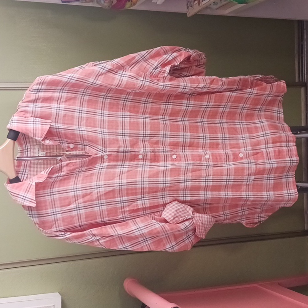 MAX STUDIO OVERSIZED ORANGE AND WHITE WITH BROWN PLAID BUTTON DOWN SHIRT